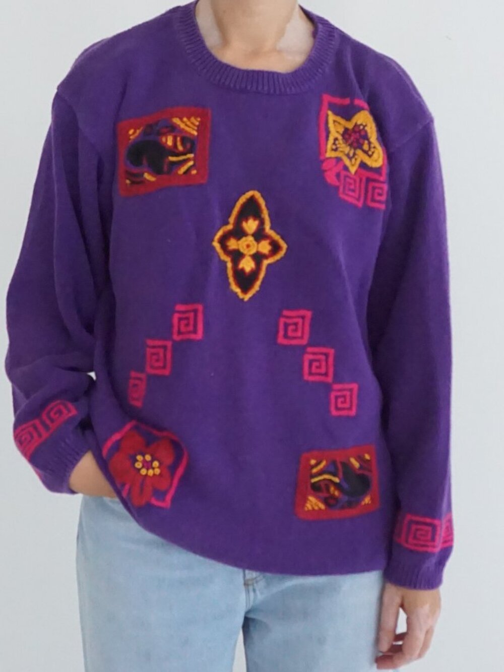 Vintage Collections Internationale Purple Floral Geometric Cotton Sweater XL - Picture 1 of 10